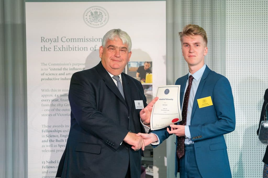 Elliott Smyth receiving his industry fellowship from the Royal Commission for the Exhibition of 1851