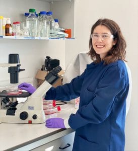 Sara, a scientist in biotherapeutics, in the lab