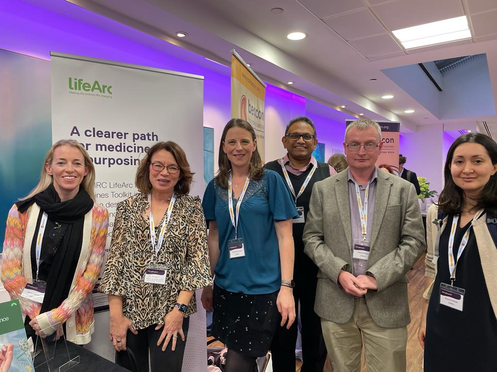 LifeArc's Joanna Davidge, Trustee Jo Pisani, Catriona Crombie, Madhu Madhusudhan, Ed McIver, and Bouran Sohrabi at the Drug Repurposing for Rare Diseases Conference in London