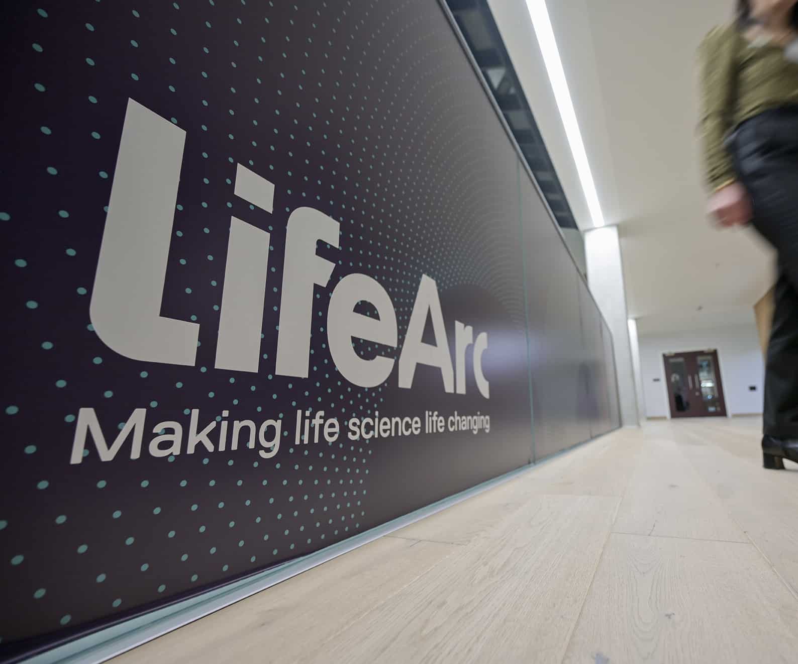 LifeArc sign on the reception desk in Edinburgh