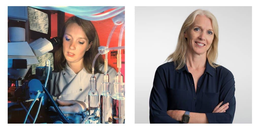 Karen Skinner, in the lab at 26 and today