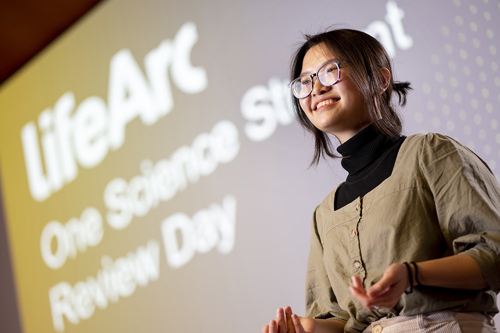 Cathy, industrial placement student, presenting at the review day in May 2023.