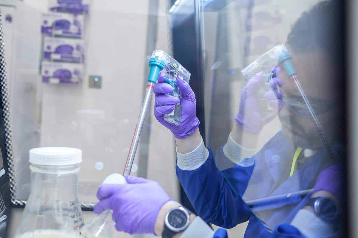 LifeArc scientist inserting an electronic pipette into a small conical flask containing liquid cell culture.