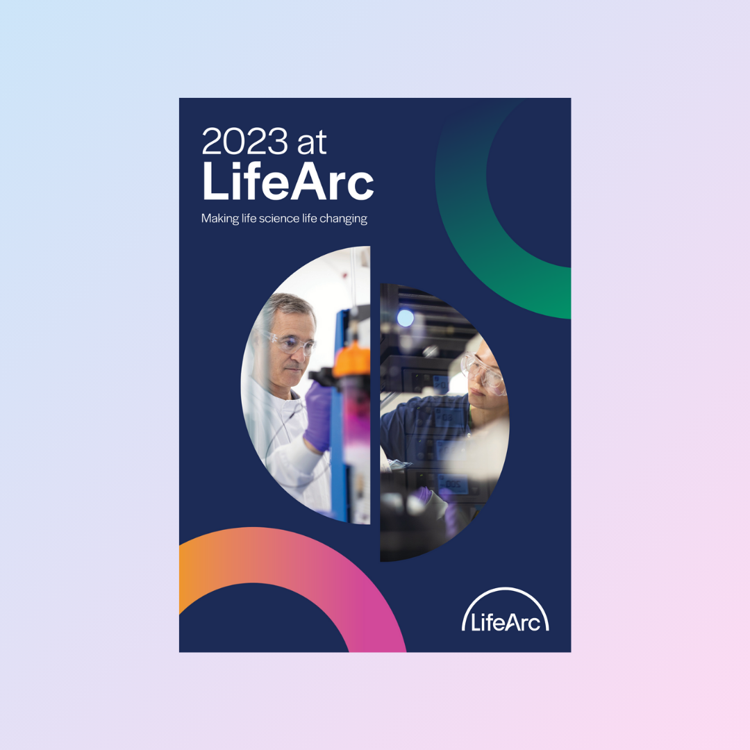 Cover of LifeArc's 2023 annual review on a gradient background