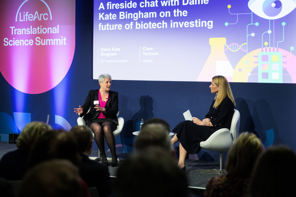 Dame Kate Bingham and Clare Terlouw having a fireside chat at the LifeArc Translational Science Summit.