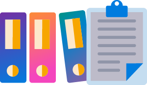 Graphic of a clipboard and a pink, purple and green folder