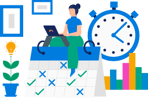 graphic of calendar, graph, clock, plant