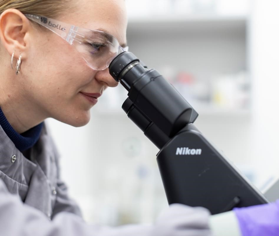 Female scientist looking in microscope