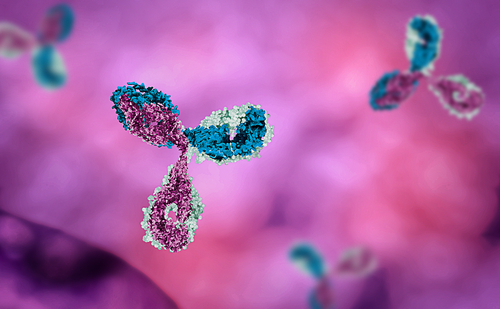 3D rendered antibodies on a pink and purple background.