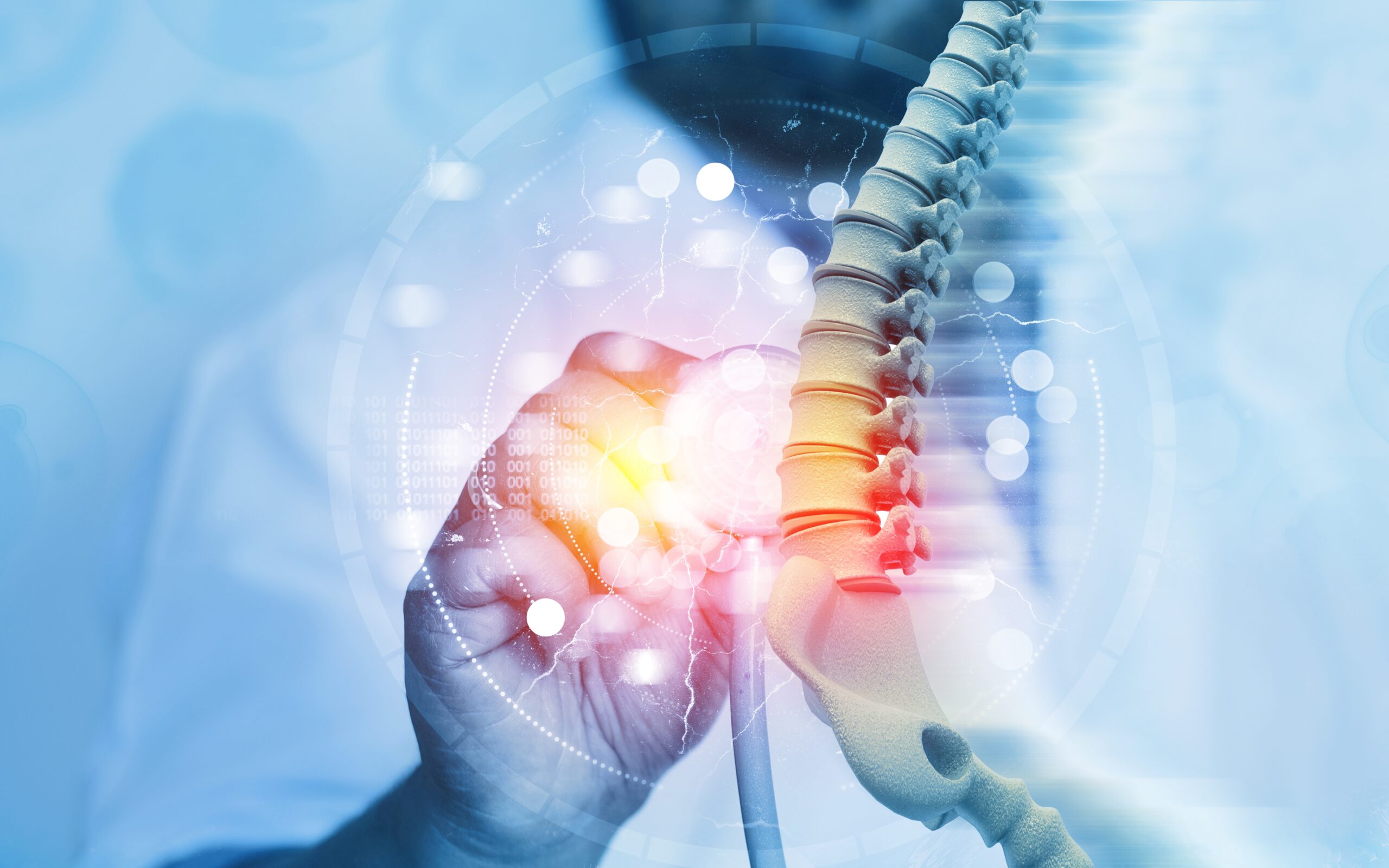 3d illustration of a doctor checking a spine on blurred background.