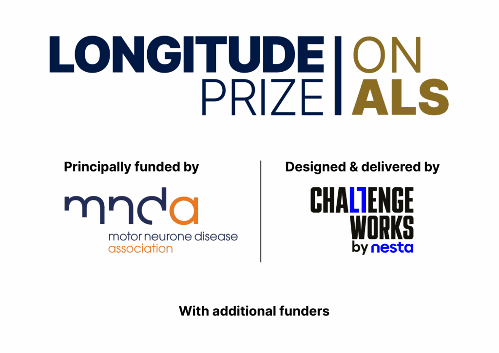 Logos for Longitude Prize on ALS, MND Association and Challenge Works