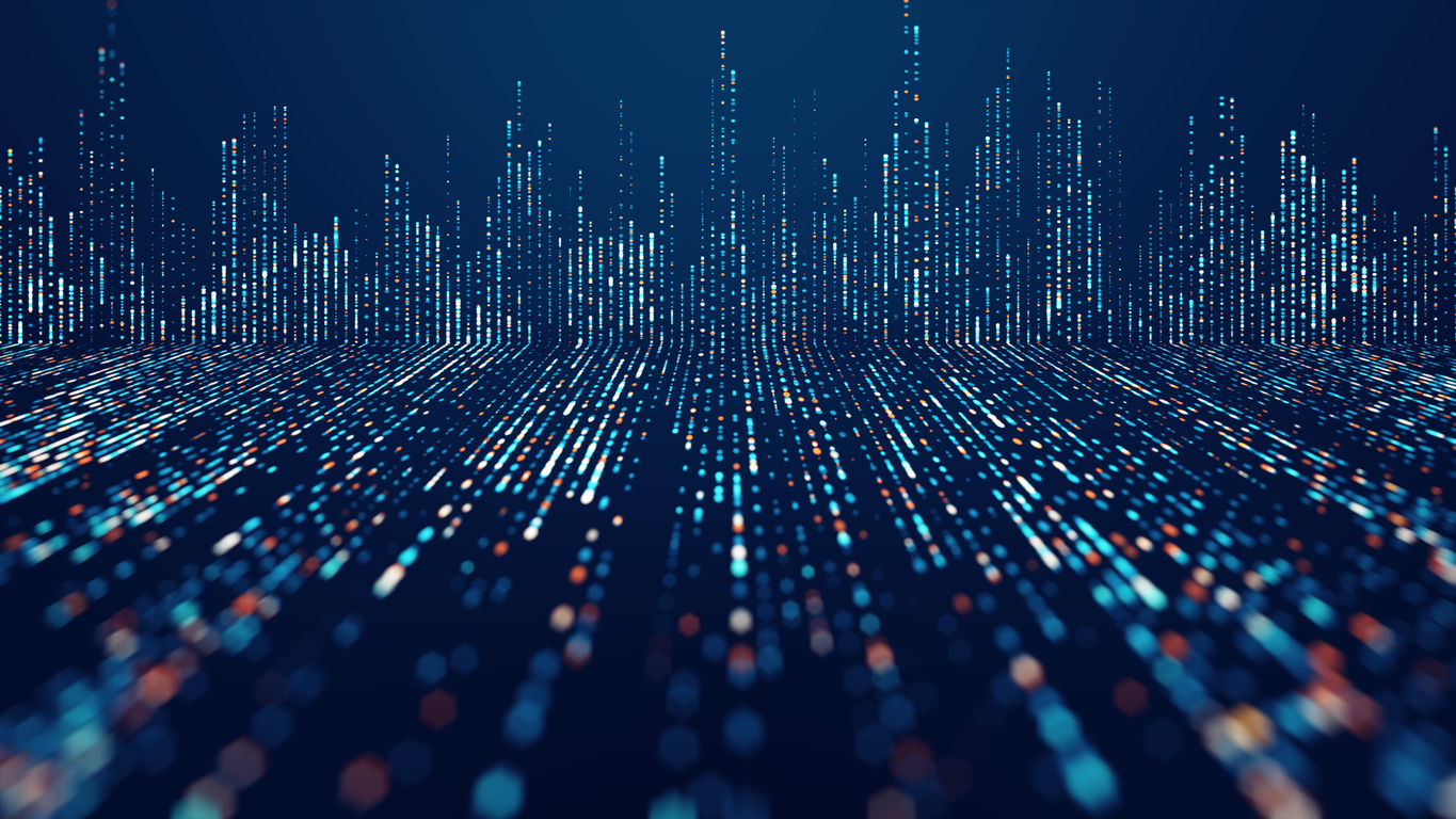 Ribbons of blue and orange data streaming down what looks like a right angle on a very dark blue background