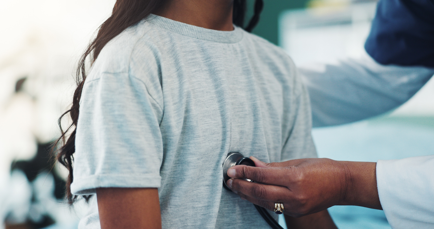 Doctor, child and lungs with breathing check, listening and medical assessment with stethoscope. Hospital, pediatrician and girl at clinic with heart wellness and consultation with asthma and help