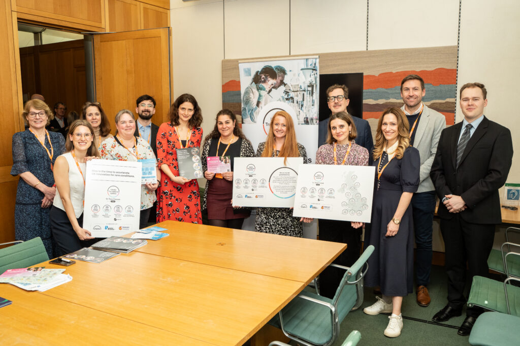 Photo of the TCRD team in Parliament to launch the new report: More trials, better data, faster access: opportunities to innovate in translational research for rare conditions.