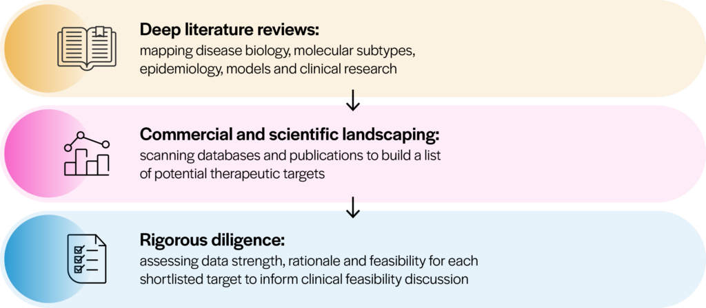 deep literature reviews: mapping disease biology, molecular subtypes, epidemiology, models and clinical research. 

commercial and scientific landscaping: scanning databases and publications to build a list of potential therapeutic targets. 

rigorous diligence: assessing data strength, rationale and feasibility for each shortlisted target to inform clinical feasibility discussions 